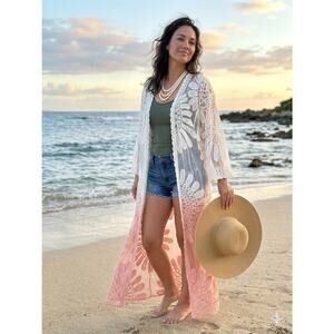 Boho Embroidered Lace Kimono Duster - White & Pink Ombre - One Size